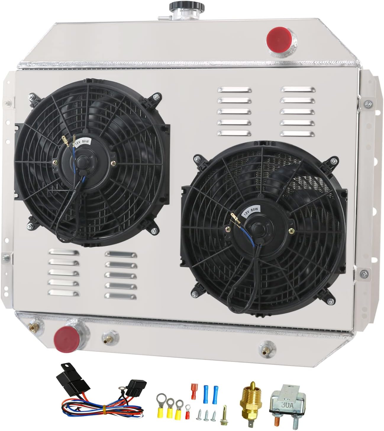 CoolingCare Radiator for 1966-1979 Ford Bronco F100 F150 F250 F350, 3 Row Aluminum Radiator + Shroud/Fan +Relay Kit