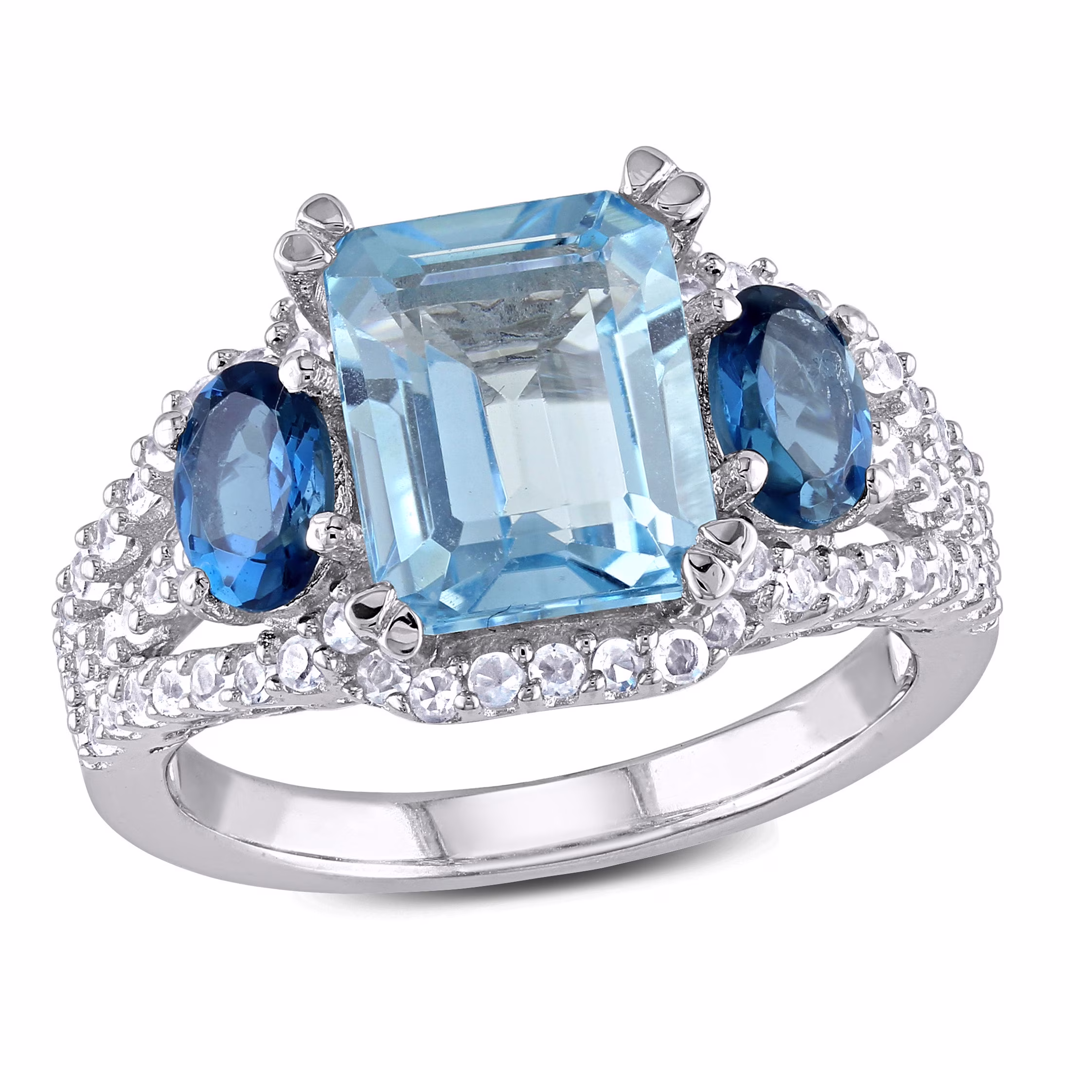 Miabella Women's 5-3/4 Carat T.G.W. Oval & Octagon-Cut Sky & London Blue Topaz and Created White Sapphire Sterling Silver 3-Stone Ring