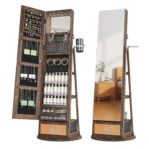 4 Wheels Jewelry Armoire with LED Light, Movable Jewelry Cabinet Standing with Full-Length Mirror
