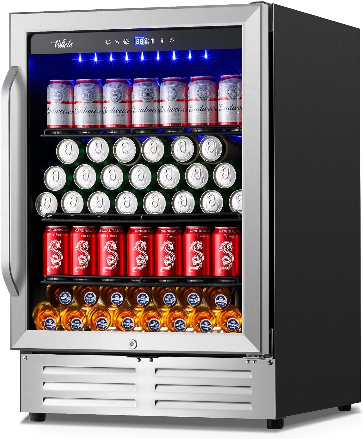 24 Inch Beverage Refrigerator Cooler,210 Cans Wide Beverage and Beer Fridge with Glass Door and Powerful Cooling Compressor