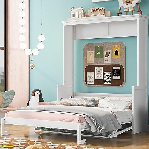 Queen Size Murphy Bed with Foldable Shelf/Desk, Wall Bed cabinet with Storage Shelves, Solid Pine Wood Murphy Bed Frame with Desk for Bedroom
