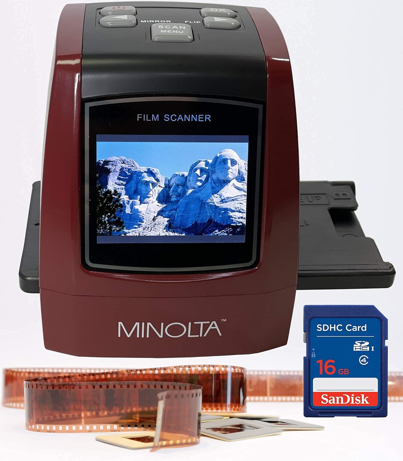 MINOLTA Film & Slide Scanner, Convert Color & B&W 35mm, 126, 110 Negative & Slides, Super 8 Films to 22MP JPEG Digital Photos, 16GB SD Card