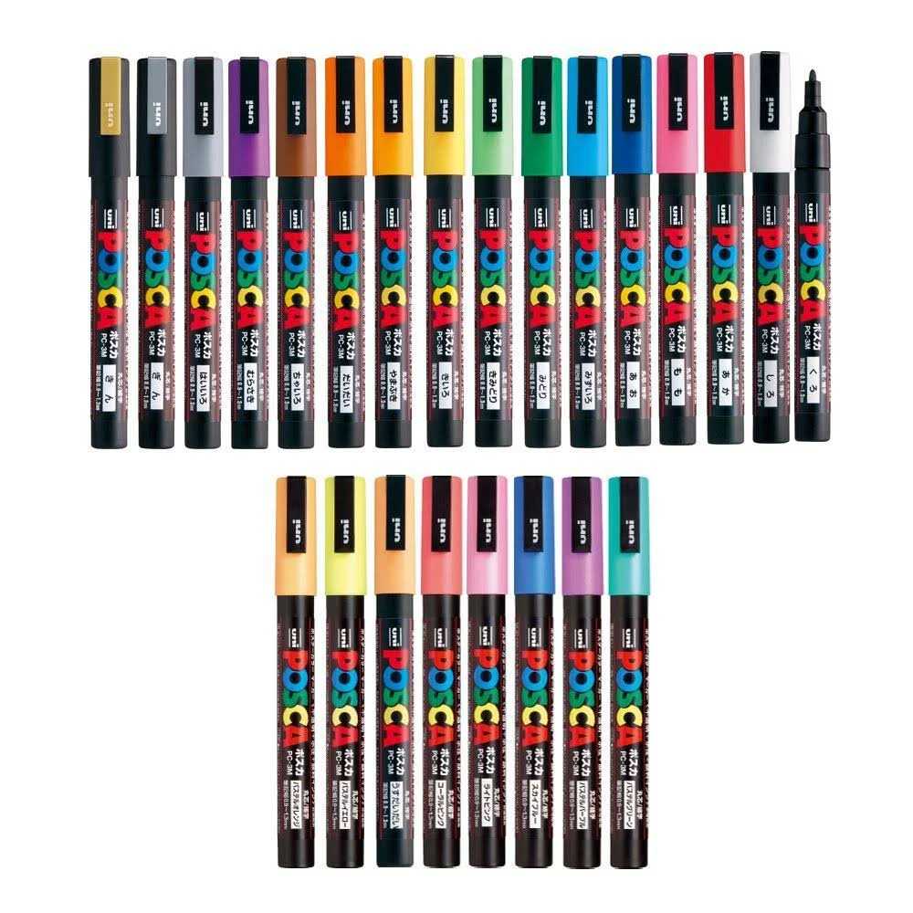 Uni Posca Paint Marker Full Range Bundle Set , Mitsubishi Poster Colour All Color Marking Pen Fine Point PC3M 24 Colours