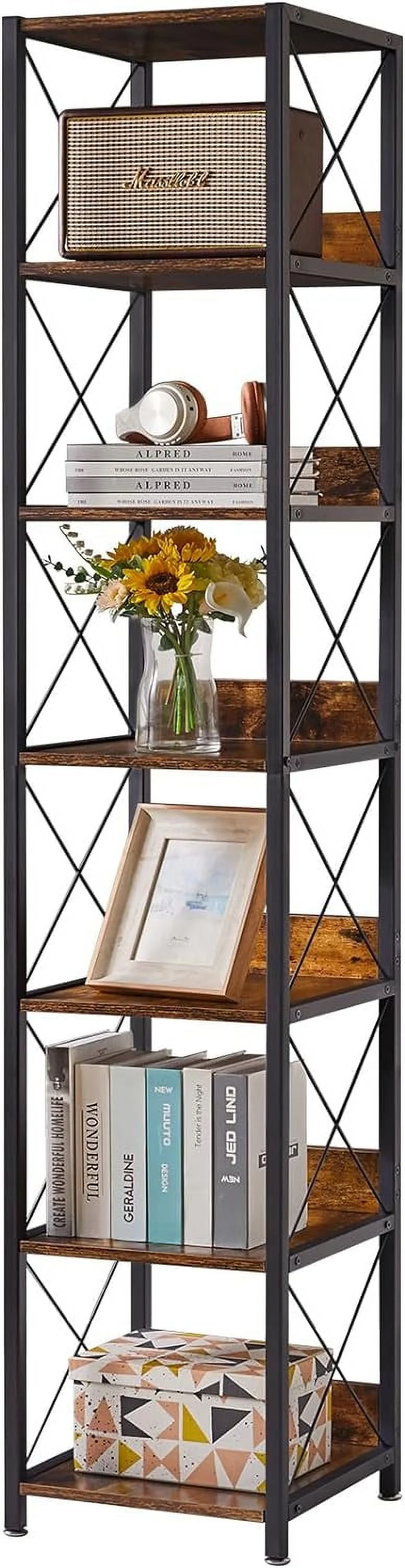 WAGEE 6-Tier Tall Narrow Bookcase,Wood Corner Shelf Storage Display Rack for Small Spaces