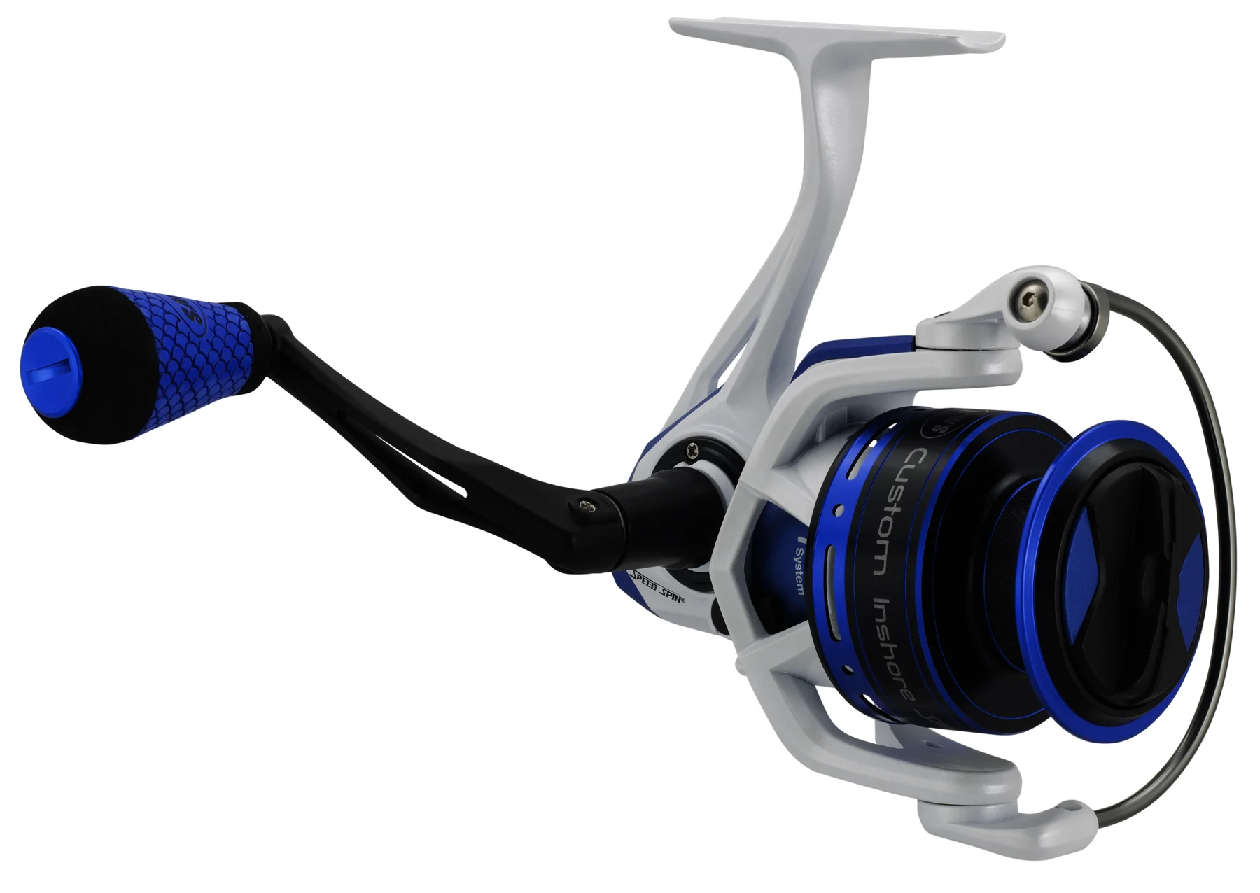 Lew's Custom Inshore Speed Spin Spinning Fishing Reel, Size 300 Reel, Blue/White - Curated Treasures Market
