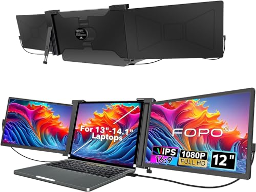 FOPO 12" Triple Laptop Screen Extender Triple Portable Monitor for 13"-14.1" Laptop, FHD 1080P IPS Dual Display
