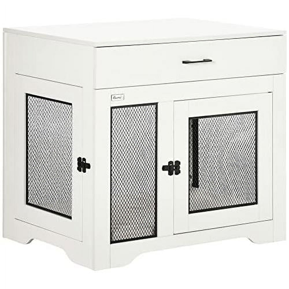 dog crate furniture with soft water-resistant cushion, dog crate end table with drawer, puppy crate for small dogs indoor with 2 doors, white