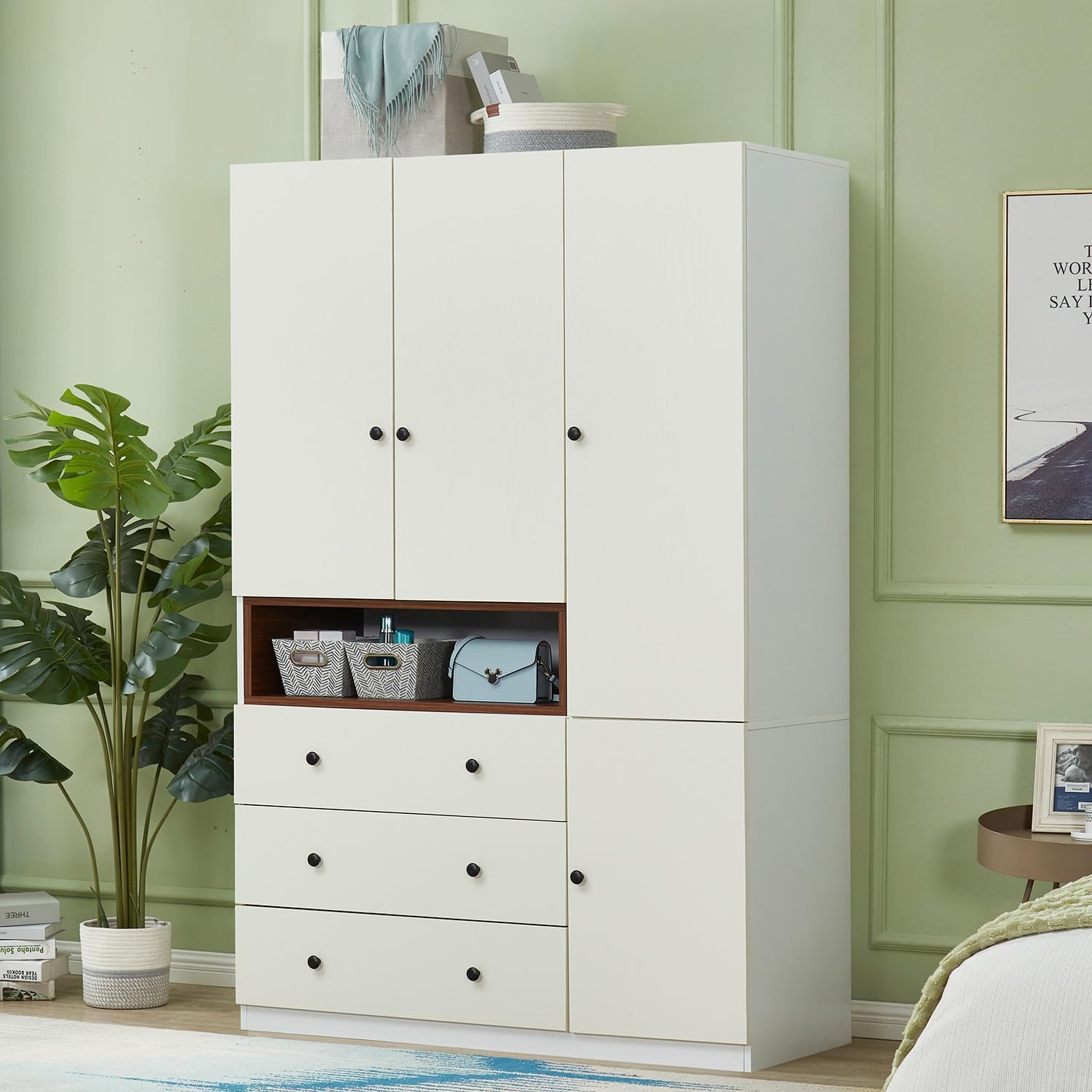 Wooden White 3-Door Armoire Wardrobe Closet with Hanging Rod Bedroom Armoires Wardrobe Closet Large Capacity Wardrobe Cabinet 47.3" W x 20.3" D x