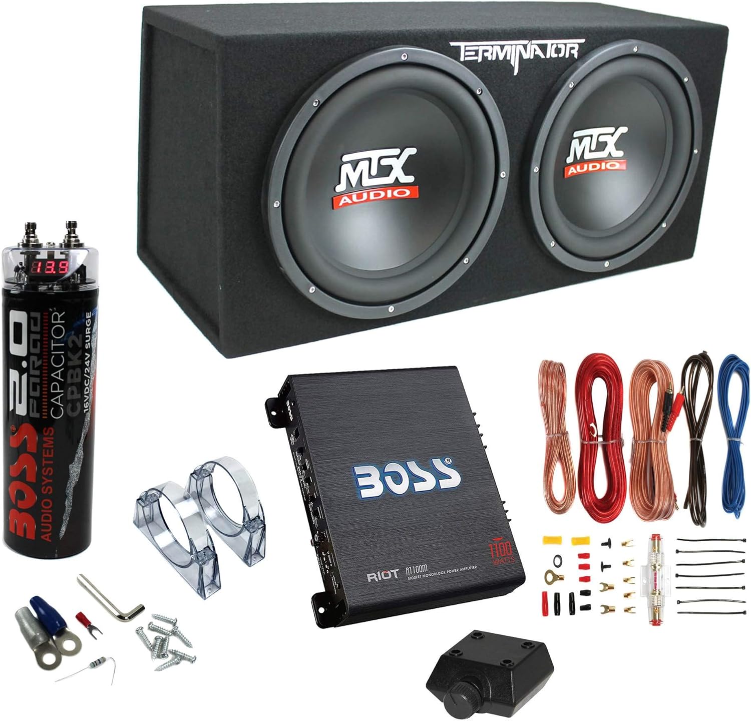 MTX 12 Inch 1200 Watt 4 Ohm Dual Loaded Car Audio Subwoofer Package with Sub Enclosure, Boss 1100W Mono A/B Amplifier, Wiring Kit and Capacitor