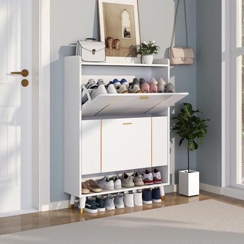 Shoe Storage Cabinet with 3 Flip Drawers, Slim Wooden Freestanding Shoe Cabinet, Hidden Narrow Shoes Rack Organizer for Entryway Hallway Entrance