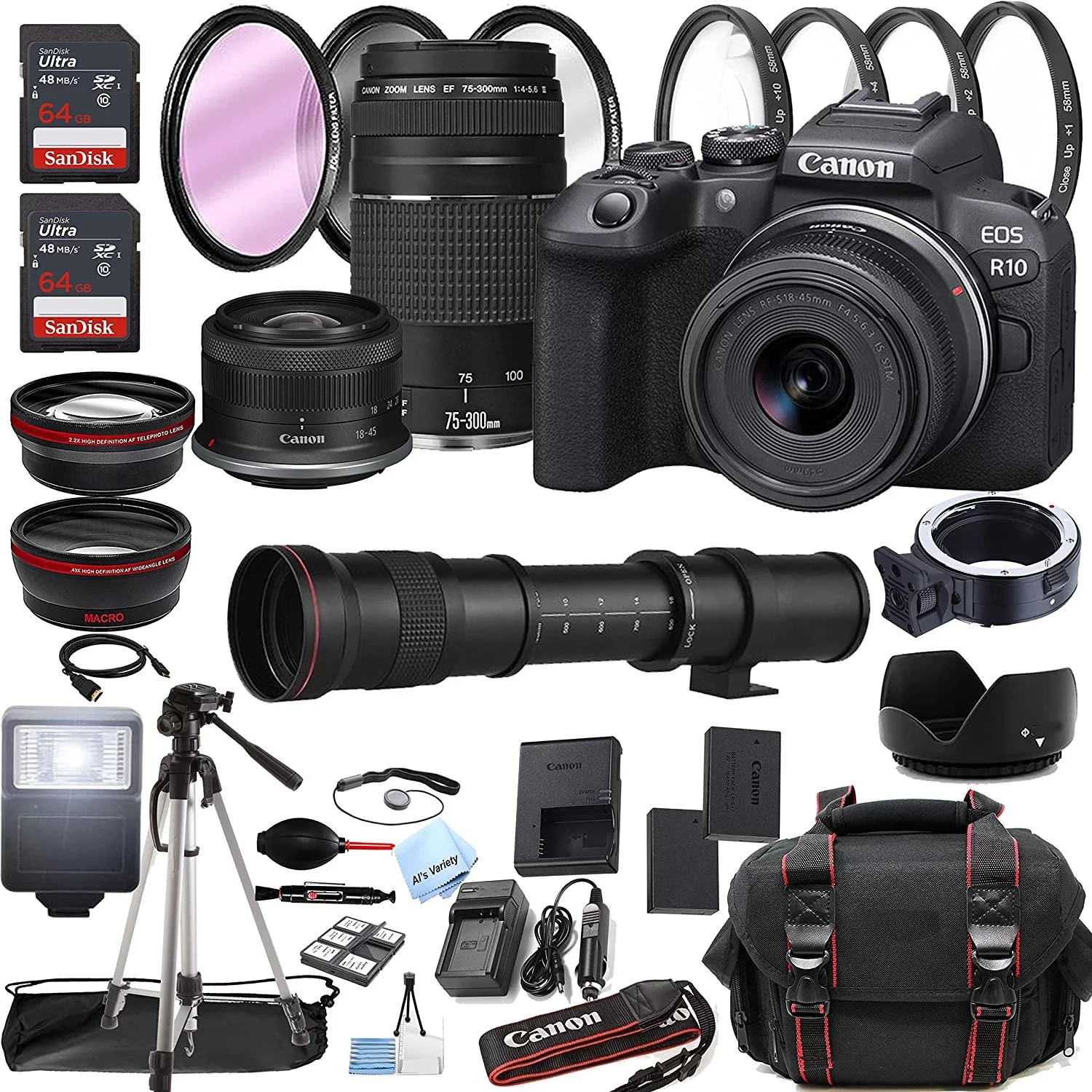 Canon EOS R10 Mirrorless Digital Camera with RF-S 18-45mm is STM Lens + 75-300mm Lens + 420-800mm Super Telephoto Lens + 128GB Memory + Case + Tripod