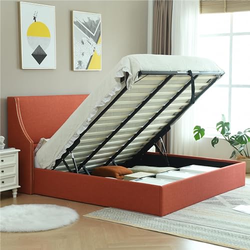 Queen Size Hydraulic Lift Bed, Upholstered Platform Storage Bed, Dual Wing Back Headboard with Gold Line Accents, Hydraulic Support Bars
