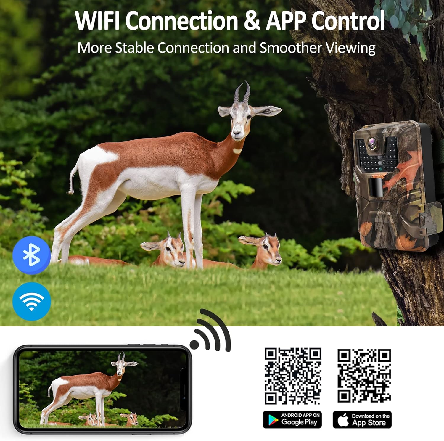 WiFi Trail Camera,4K 30MP Wireless Bluetooth Wildlife Camera with 64GB Card,Fast 0.2s Motion Activated 120°Angle Game Camera for Hunting