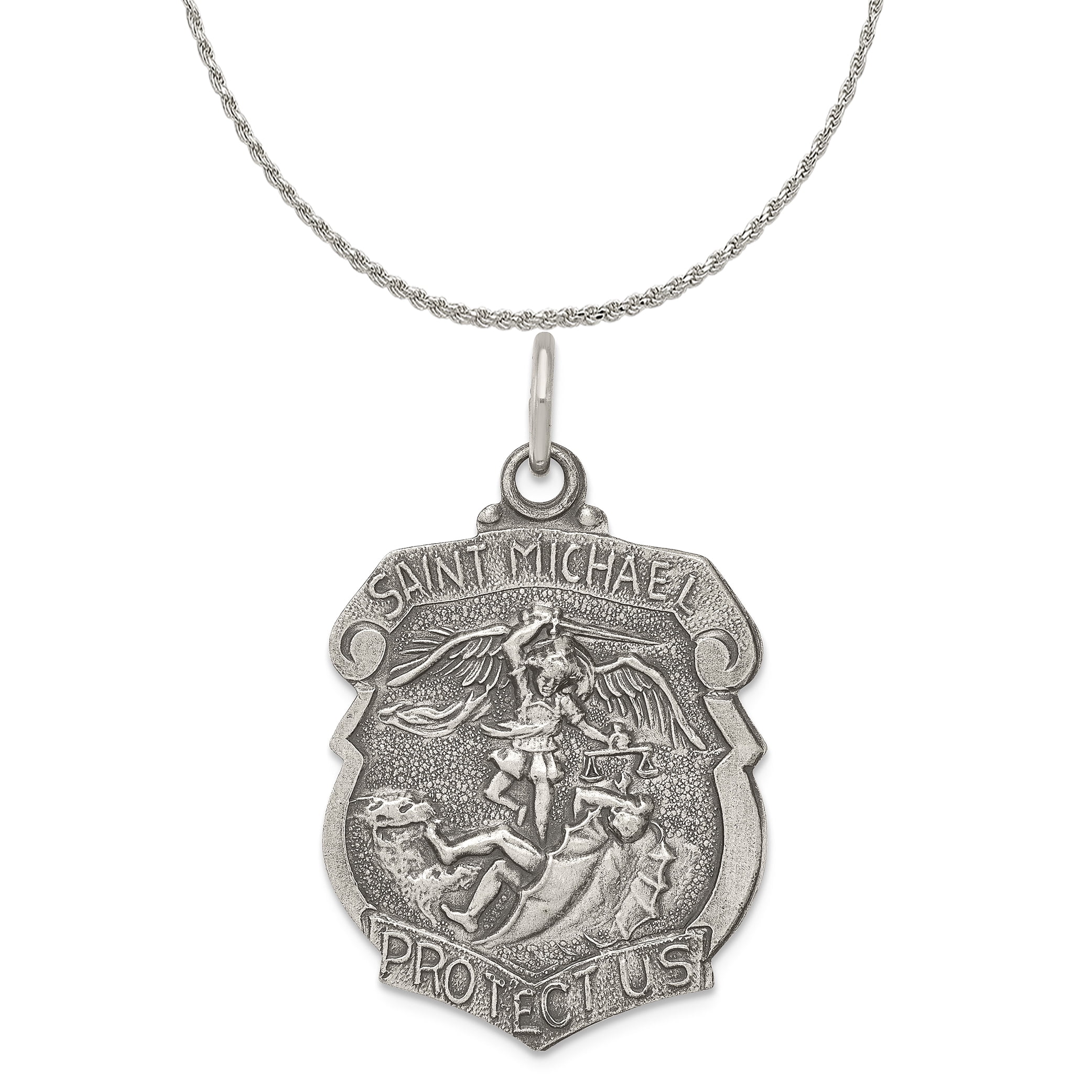 Carat in Karats Sterling Silver Antiqued St. Michael Badge Medal Pendant (31mm x 21mm) With Sterling Silver Rope Chain Necklace 18''