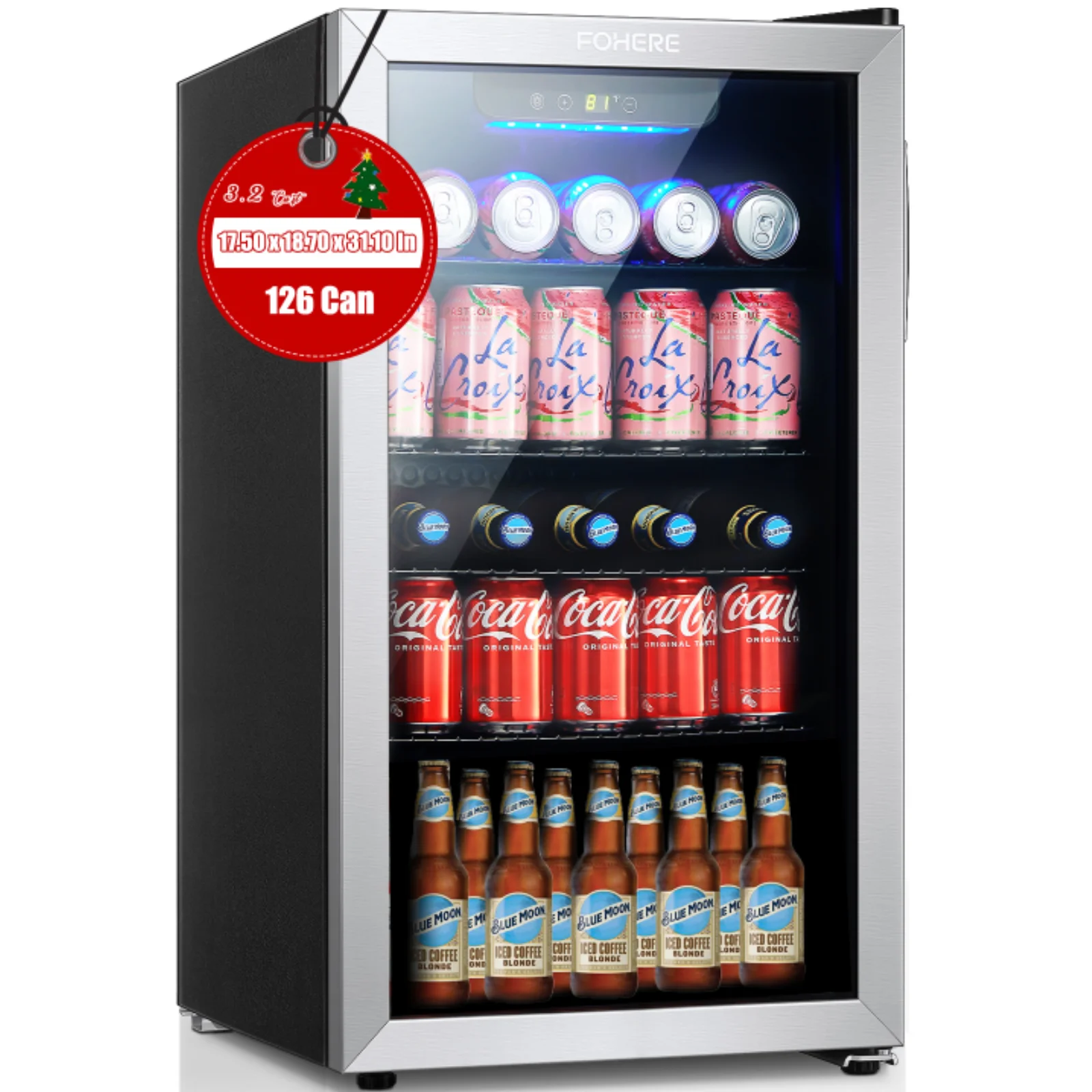 FOHERE 126 Can Beverage Refrigerator Cooler, 3.2 Cu.ft Mini Fridge, Wine Chiller for Bar/Office/Home, New, Reversible Door, 17.5 x 18.9 x 31.5 inches