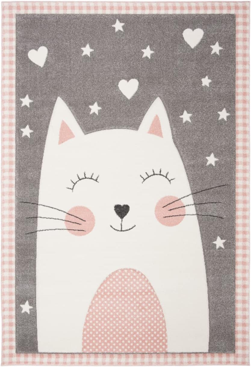 SAFAVIEH Carousel Kids Collection Area Rug - 9' x 12', Pink & Grey, Cat Design, Non-Shedding & Easy Care