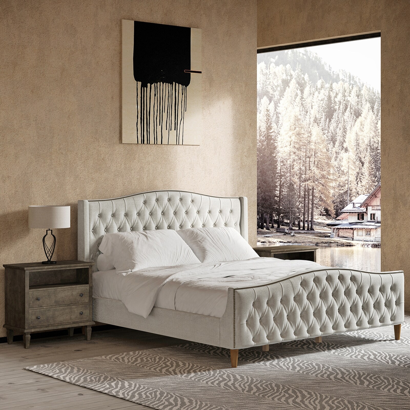 HULALA HOME Gerhard Tufted Upholstered Wingback Bed with Headboard and Footboard by  Grey - King
