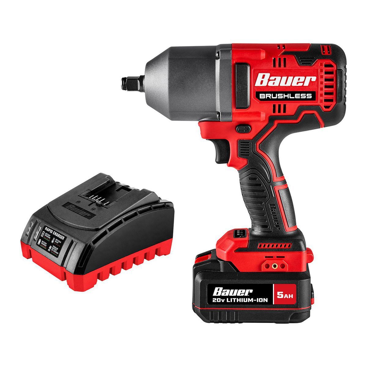 BAUER 20V Brushless Cordless, 1/2 in. High-Torque Impact Wrench Kit with 5 Ah Battery and Charger