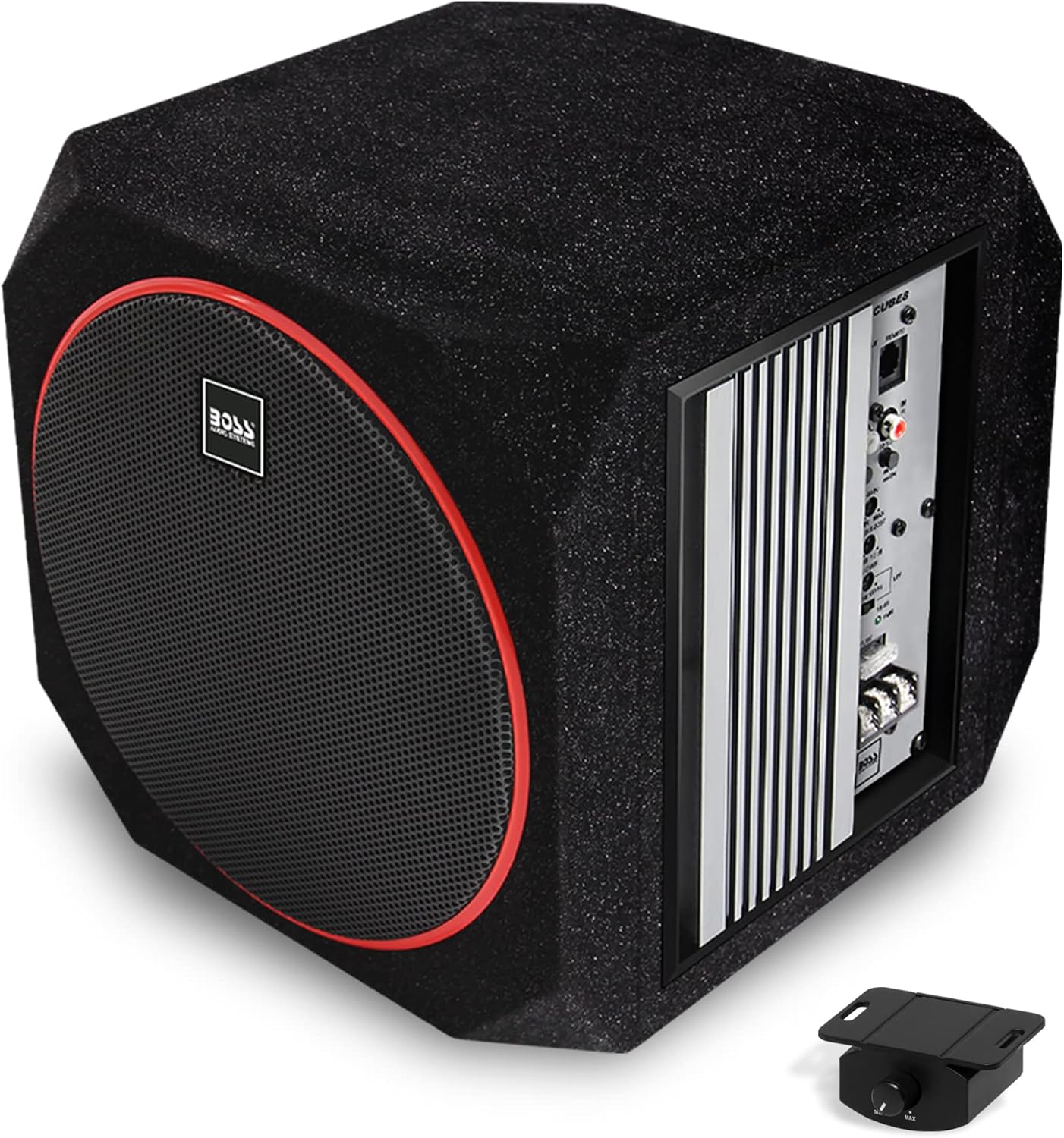 BOSS Audio Systems CUBE10 Car Subwoofer and Amp Package – Built-in Amplifier, 10 Inch Subwoofer with Passive Radiator, Remote Subwoofer Control