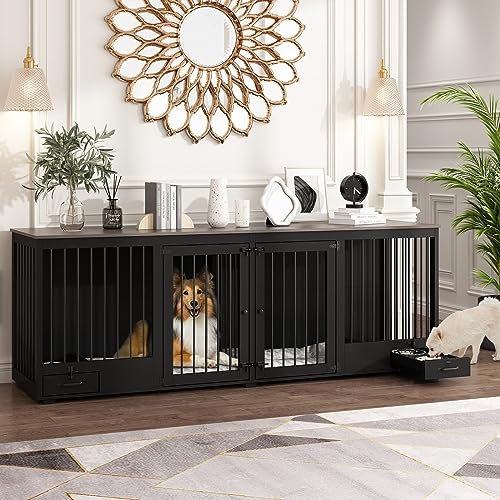 Furniture Style Large Dog Crate for 2 Dogs, 86.6" Heavy Duty Wooden Dog Kennel with Dog Bowl Drawers & Divider