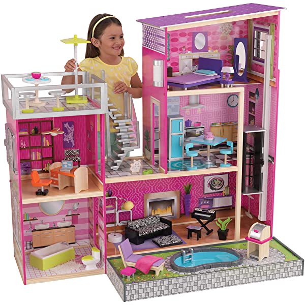 Wooden Modern Dollhouse with Lights & Sounds, Pool and 36 Accessories, Gift for Ages 3+ 49.25" x 25.25" x 46.25"