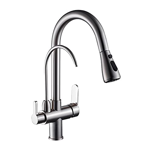 LUNEZY Kitchen Sink Mixer Taps Deck Mounted Black Kitchen Faucets, Pull Out Hot Cold Water Filter Tap for Kitchen