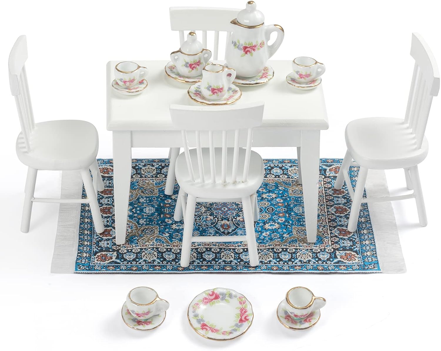 SAMCAMI 1:12 Dollhouse Furniture - Exquisite Kitchen Room Set (17 Pieces) - Dining Table with Chairs, Tea Set, Carpet