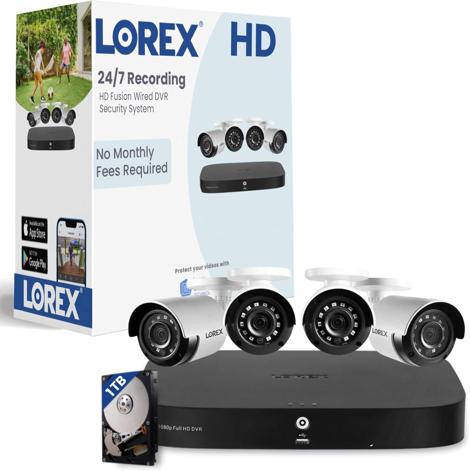 Lorex HD Security Camera System w/ 1TB DVR – 8 Channel Home Security System w/ 4 Analog Metal Bullet Cameras – Smart Motion Detection
