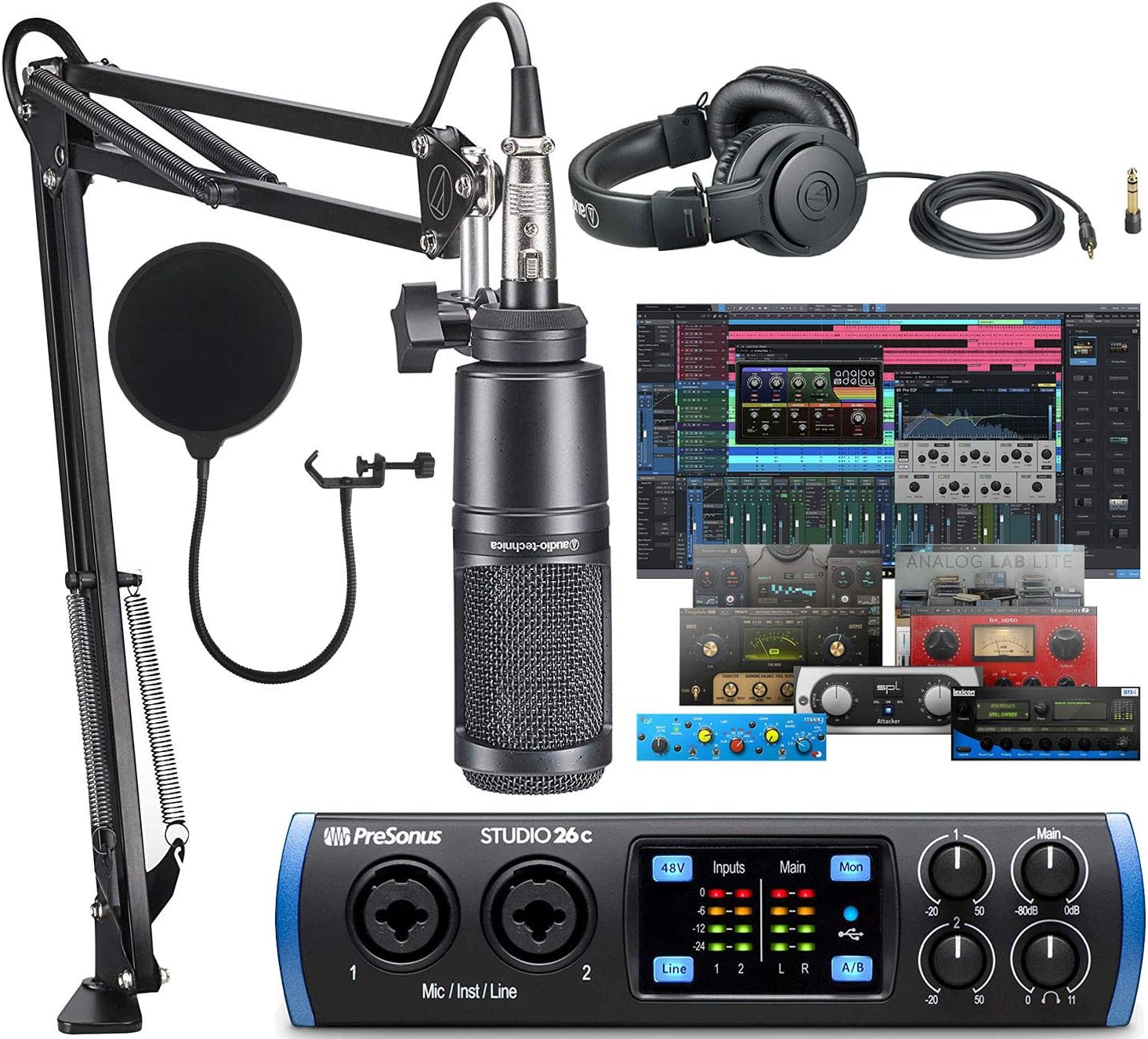 PreSonus Studio 26c 2x4 USB Type-C Audio/MIDI Interface with Studio One 5 Artist DAW Software with Audio-Technica AT2020 Vocal Microphone Arm Kit for