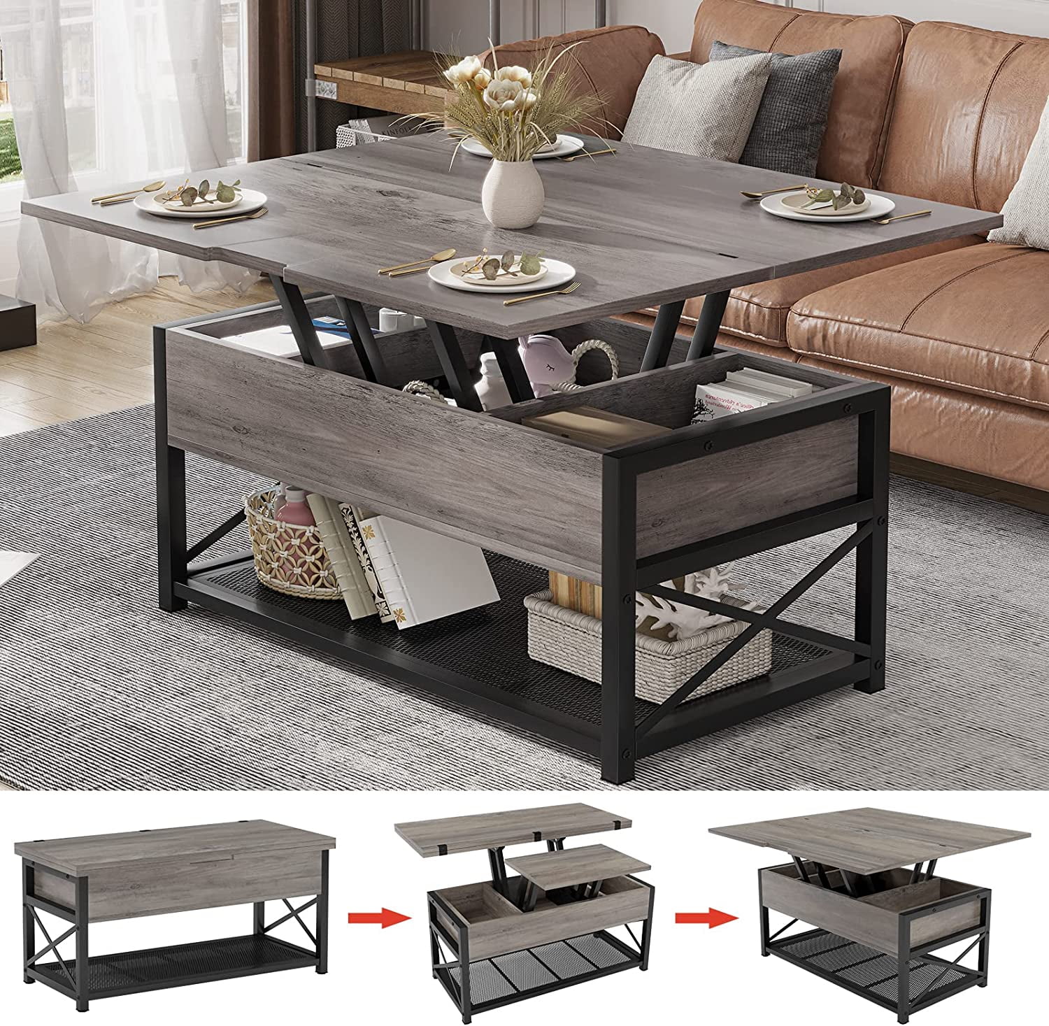 43" Lift Top Coffee Table 3 in 1 Multi-Function Grey Coffee Table with Storage for Living Room Dining Reception Room - Curated Treasures Market