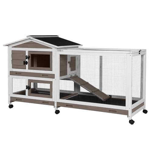 Aivituvin Rabbit Hutch 93.7" Large Rabbit Cage Indoor Outdoor Guinea Pig Cage Chicken Coop on Wheels Bunny Cage with 4 Deep No Leakage Pull Out Tray