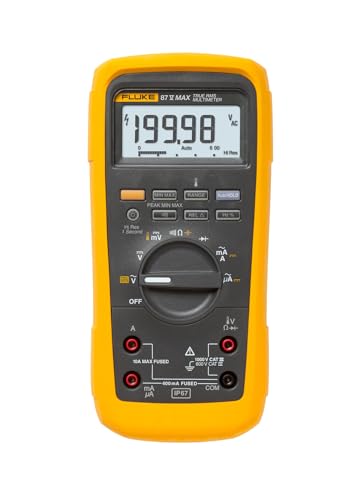 Fluke 87V MAX True-RMS Digital Multimeter, Rugged, Waterproof and Dustproof IP67 Rated, Up to 800 Hour Battery Capacity, Built-In Thermometer