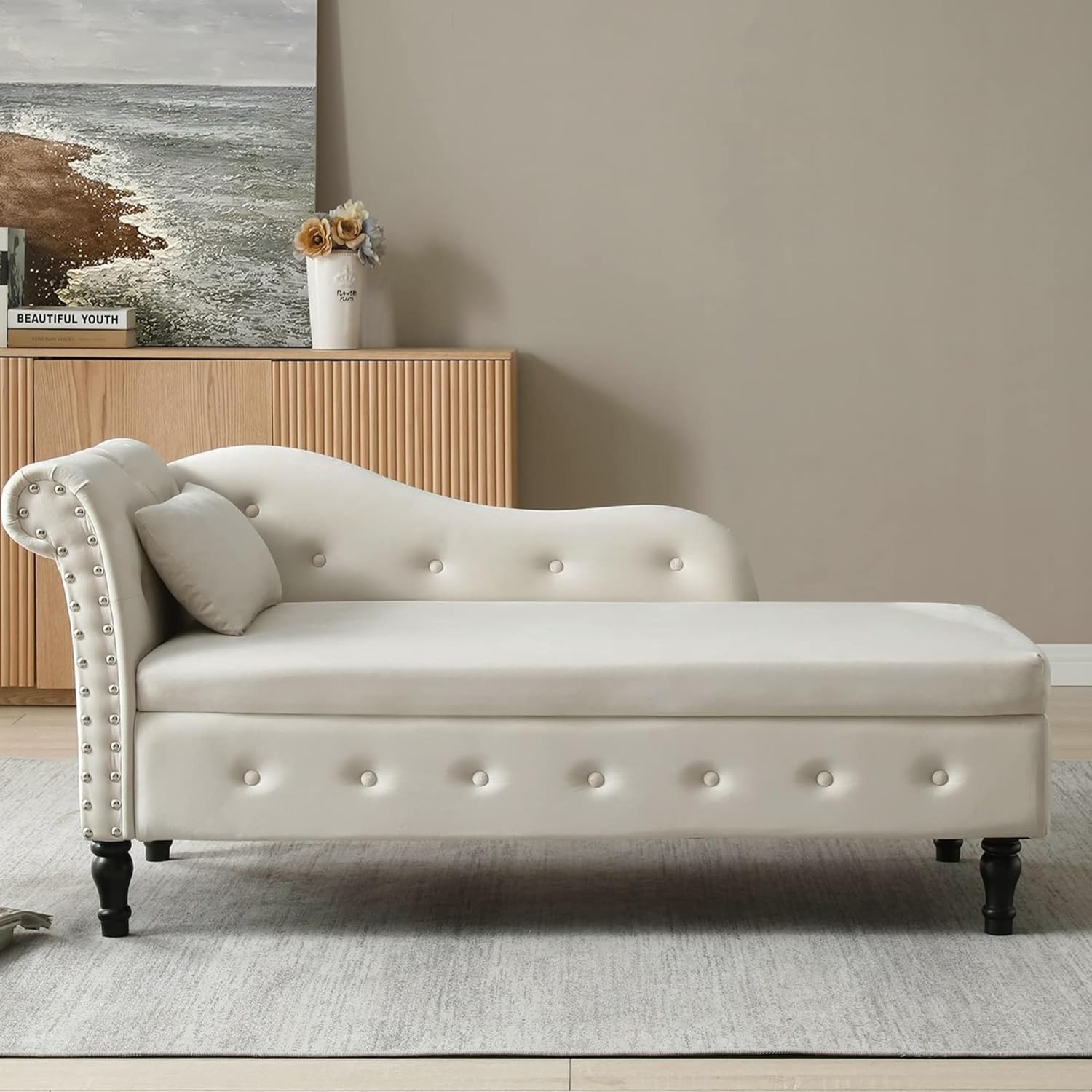 Velvet Chaise Lounge Chair With Storage, Upholstered Sleeper Sofa Chair Bed With 1 Pillow, Buttons Tufted Multifunctional Lounge Chair Indoor
