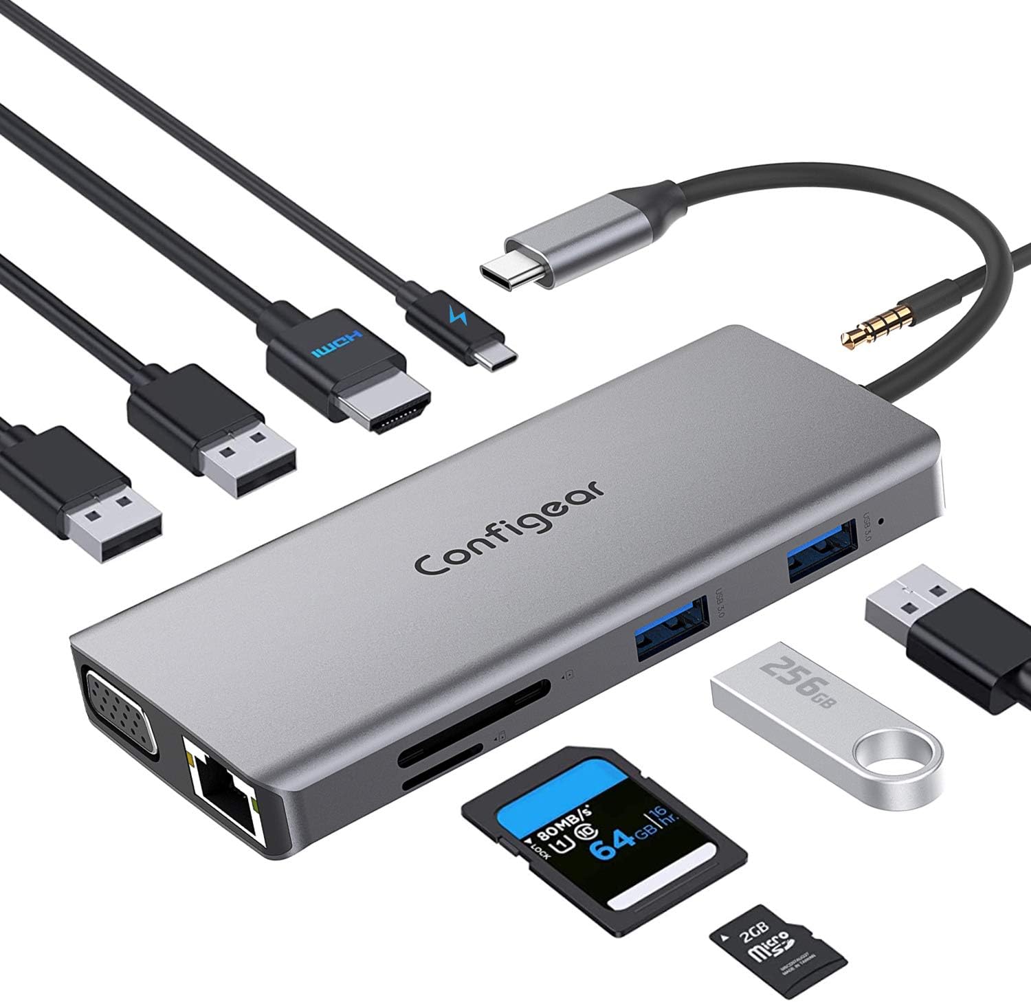 USB C Hub, USB C Laptop Docking Station 11 in 1 Multiport Adapter Dongle, 4K USB C to HDMI, VGA, Ethernet, 100PD, 2 USB 3.0, 2 USB 2.0, Mic/Audio