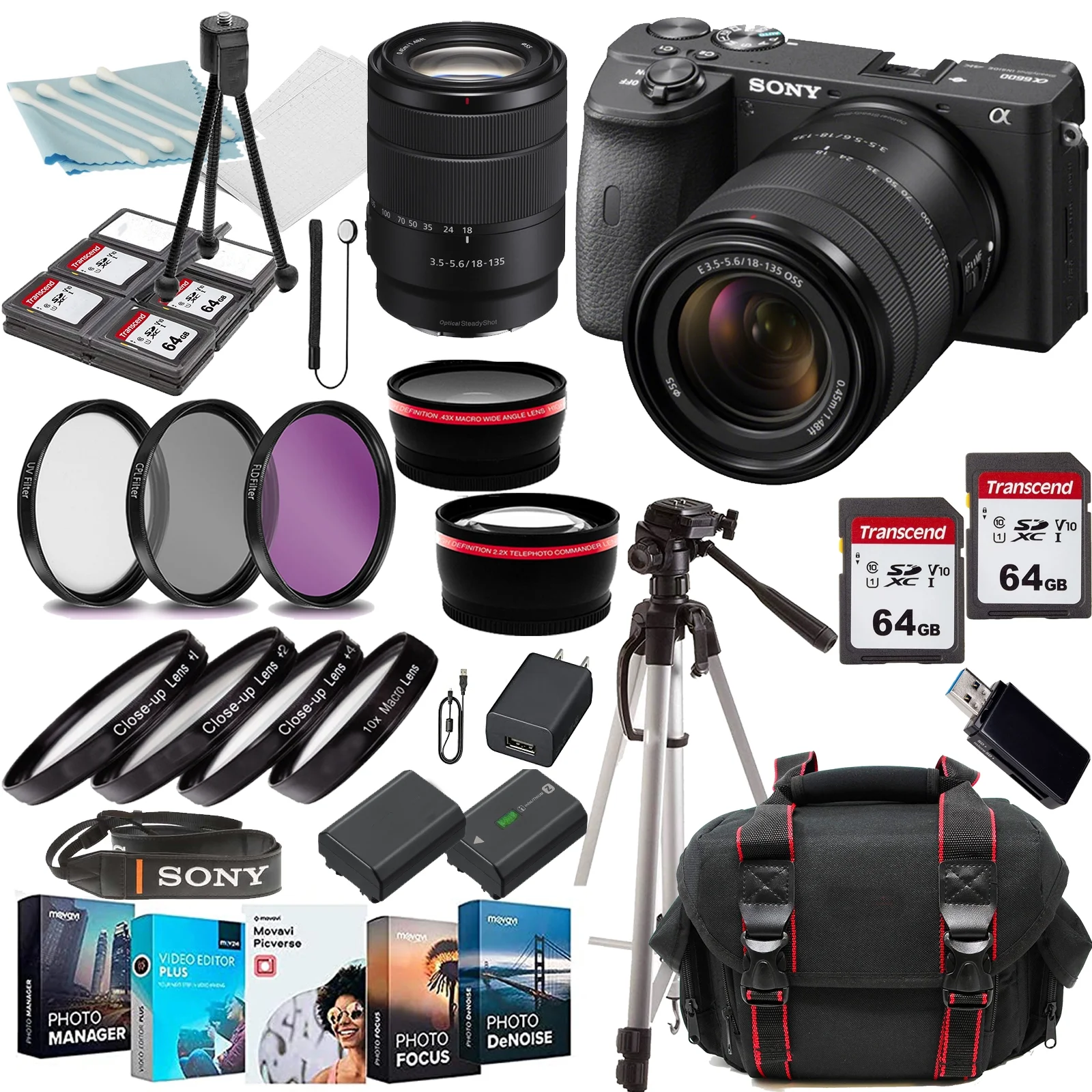 Sony a6600 Mirrorless Camera (ILCE6600/B )with Sony E 18-135mm f/3.5-5.6 OSS Lens+Case+128 GIG Memory Cards+COMMANDER Starter Kit(17PC)Bundle