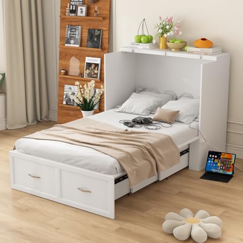 Twin Size Murphy Bed with Built-in Charging Station, 2-in-1 Bed Chest with Large Drawer