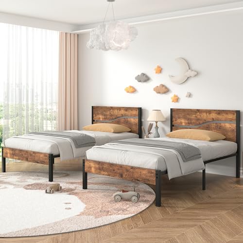 VECELO 2 Set Twin Bed Frame with Wood Storage Headboard & Footboard, Heavy Duty Metal Platform, Large Under Bed Storage, Noise-Free