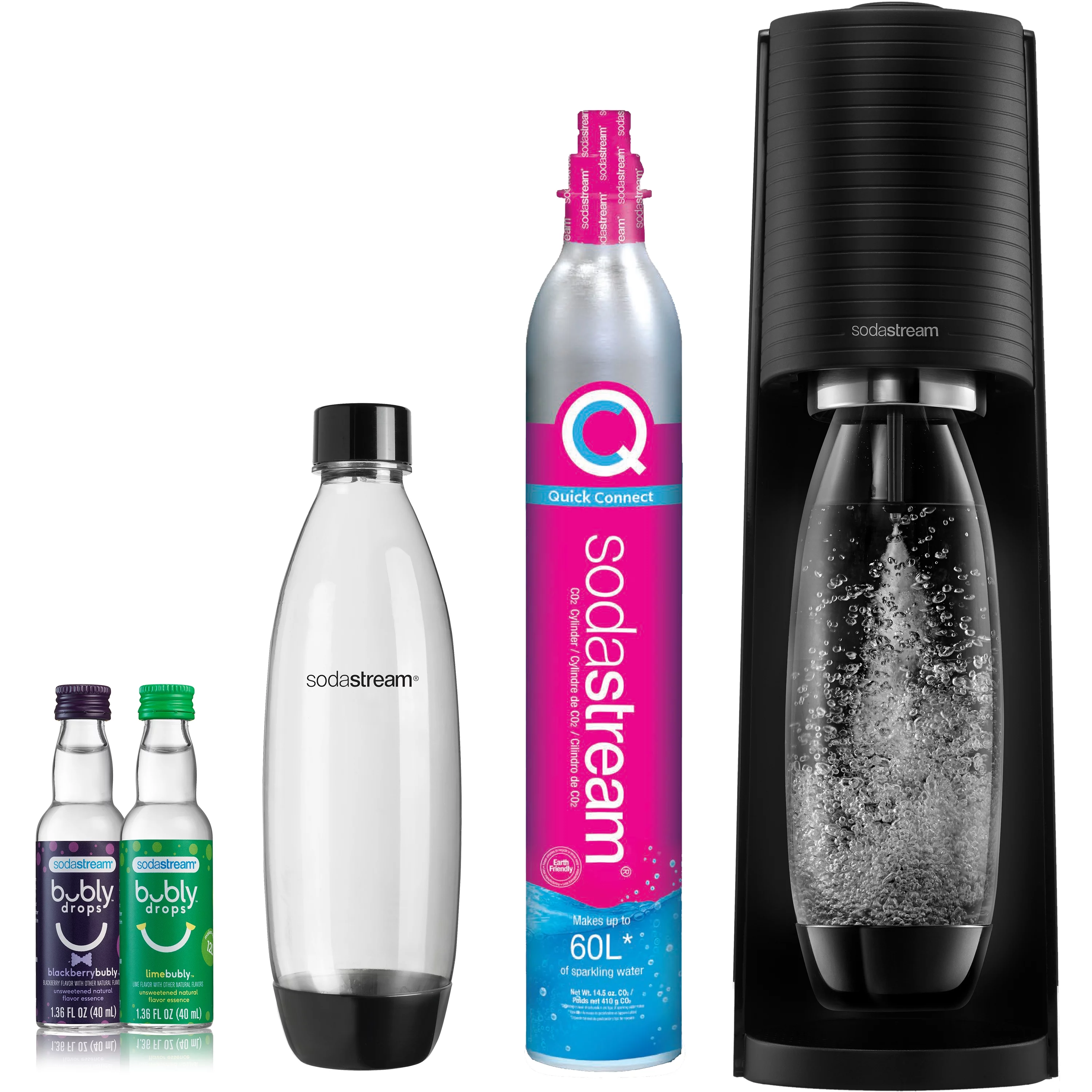 SodaStream Terra Sparkling Water Maker Bundle with CO2, 2 Bottles and 2 bubly Drops Flavoring - Radiant Selections