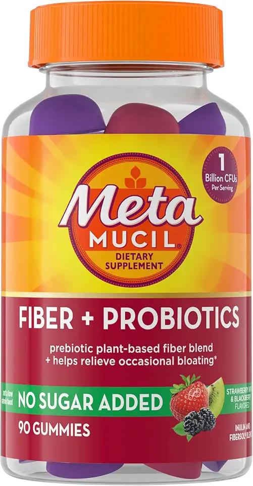 Metamucil Fiber Supplement Gummies with Probiotics for Bloating Relief, No Sugar Added Strawberry Kiwi BlackBerry Flavors