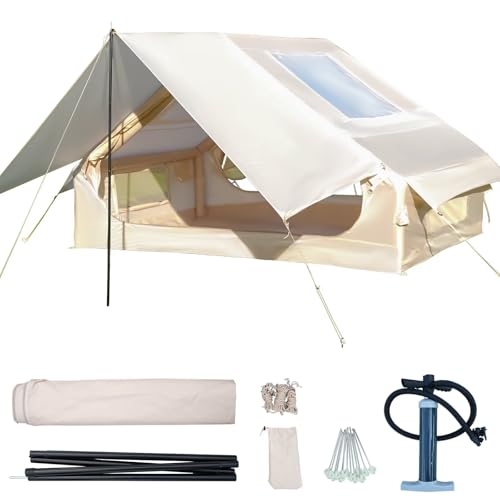Inflatable Camping Tent with Pump, Upgraded Waterproof Windproof Glamping Blow Up Tent, Easy Setup 4 Season Air Cabin House with Mesh Windows & Door