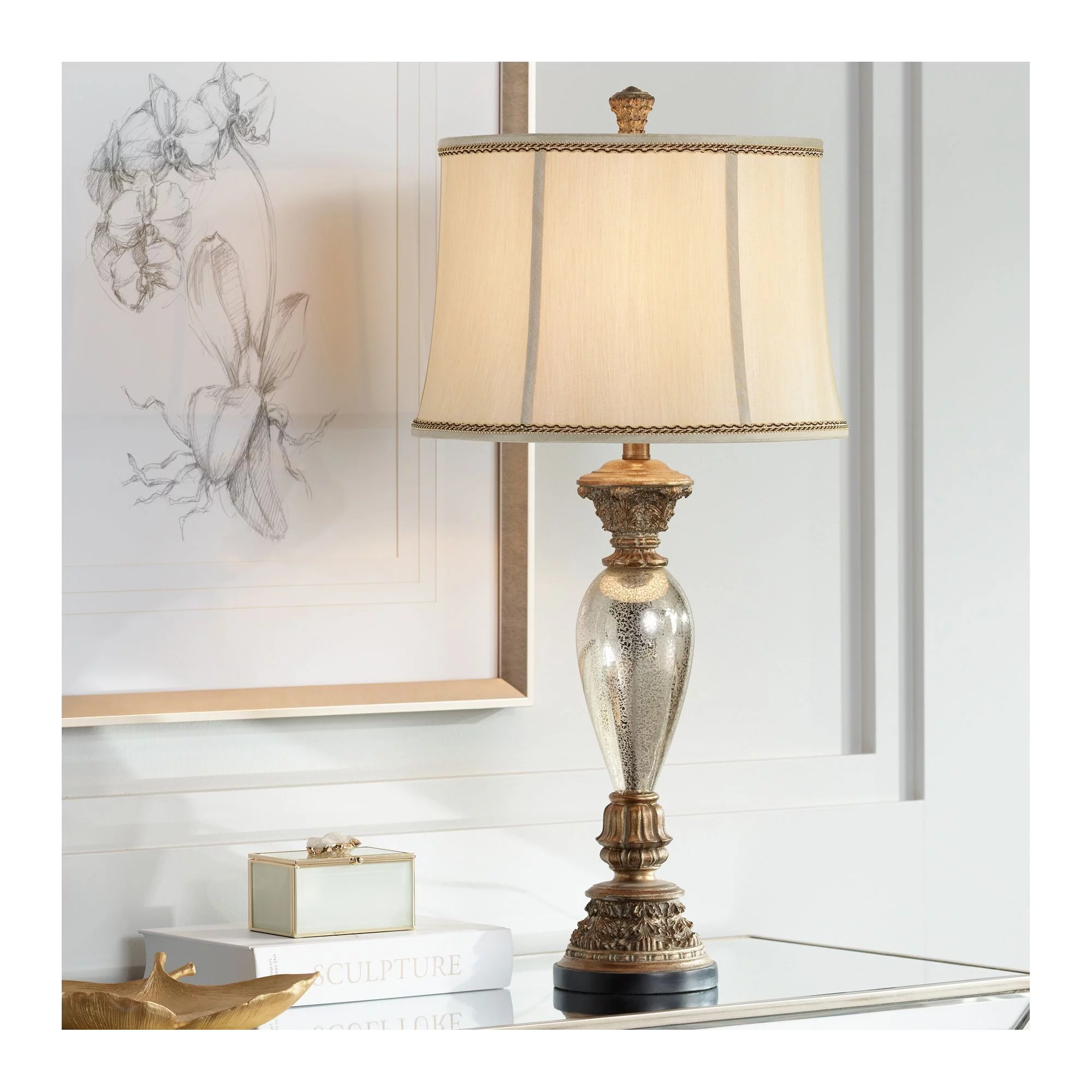 Barnes and Ivy Alsace 32 1/2" Tall Large Traditional End Table Lamp Gold Silver Mercury Glass Single Living Room Bedroom Bedside
