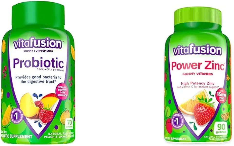 Vitafusion Probiotic Gummy Supplements, Raspberry, Peach and Mango Flavors, 35 Day Supply, 70 Count Power Zinc Gummy Vitamins