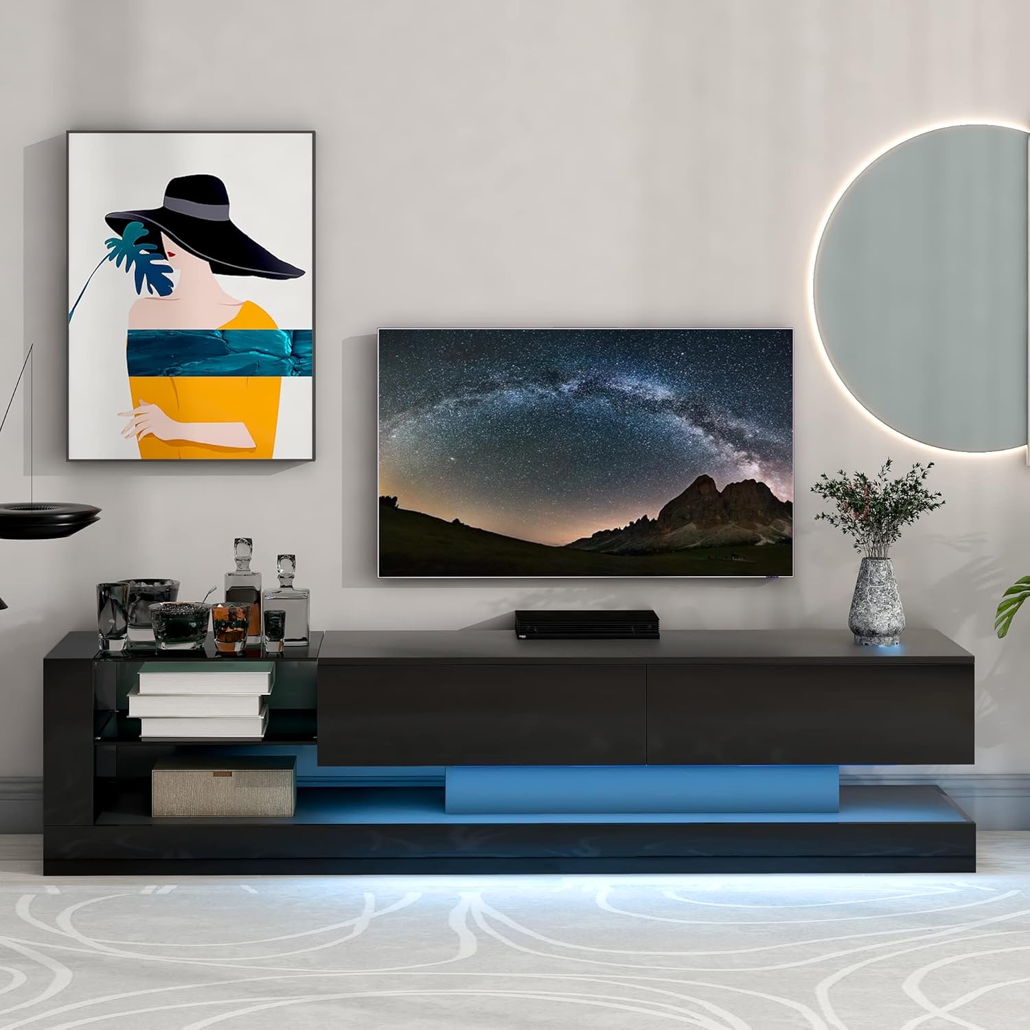CITYLIGHT High Gloss TV Stand with LED Lights and 2 Media Storage Cabinets, Modern High Gloss Entertainment Center for 75 Inch TV