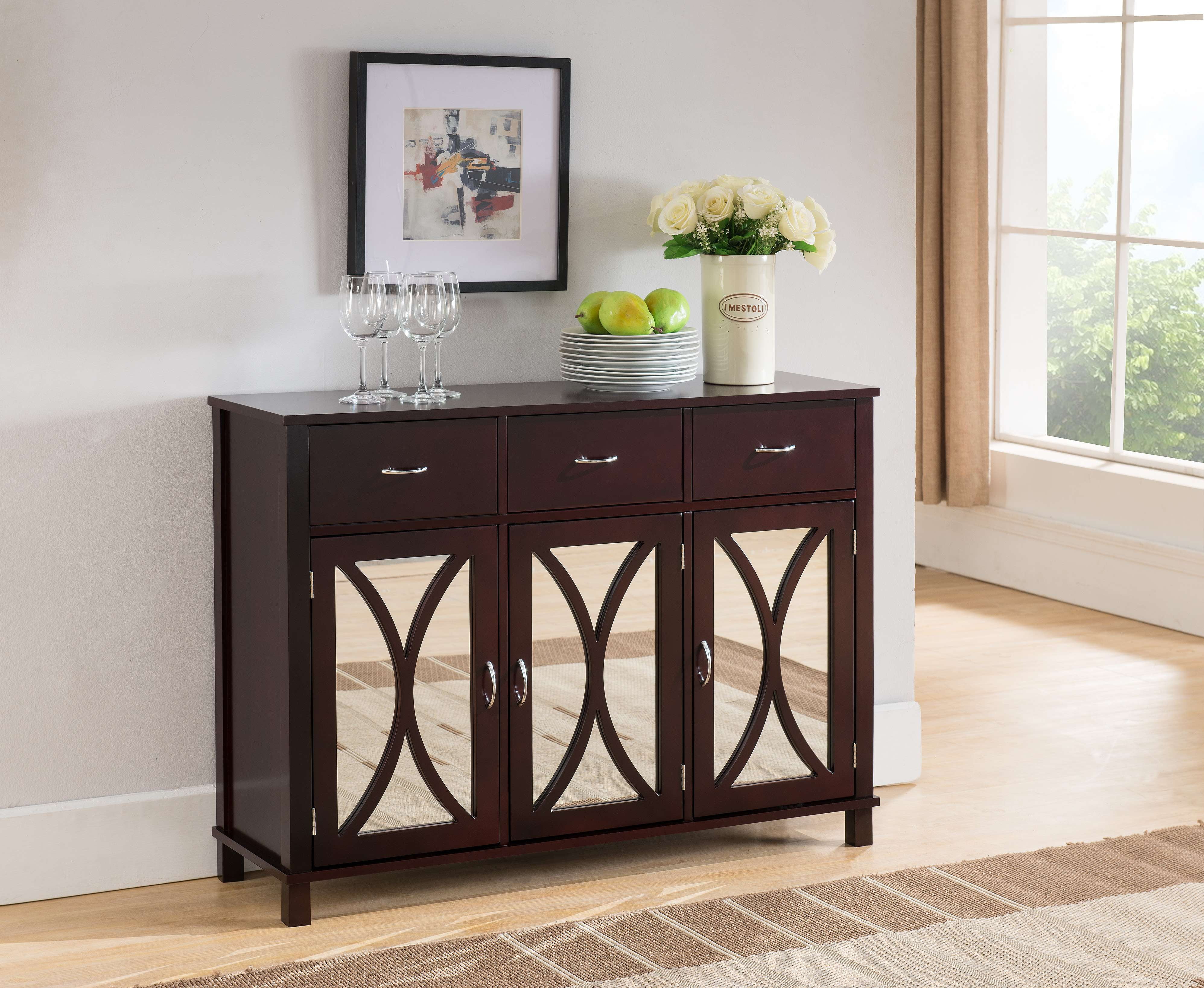 Kings Brand Furniture Classy Buffet Cabinet Server, 3 Cabinets, 3 Drawers, Mirrored Doors, Espresso