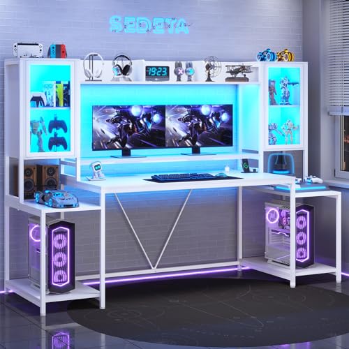 SEDETA Gaming Desk 74.8'' with LED Lights, Hutch and Storage Shelves, Computer Desk with Monitor Stand, Large PC Gamer Desk Workstation