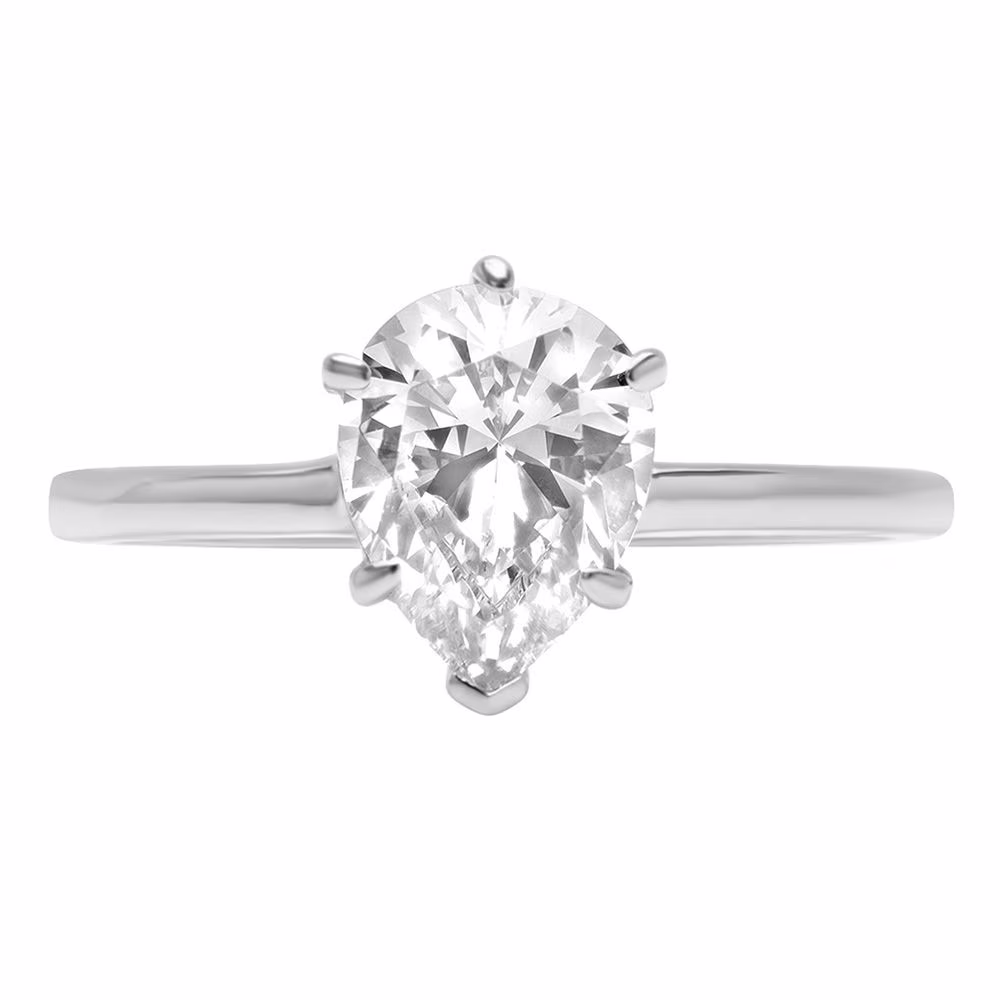2.0 ct Pear Cut Genuine Cultured Diamond SI1-SI2 I-J 18K White Gold Solitaire Promise Wedding Statement Engagement Designer Ring size 3.5