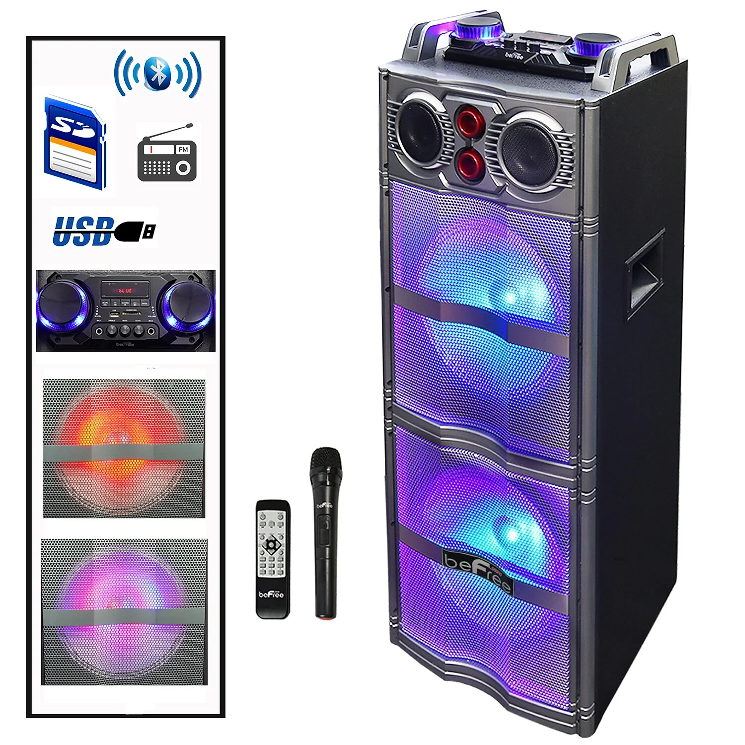 beFree Sound Double 10" Subwoofer Bluetooth Portable Party Speaker with Reactive Lights, USB/SD Input, FM Radio, Remote Control and Microphone