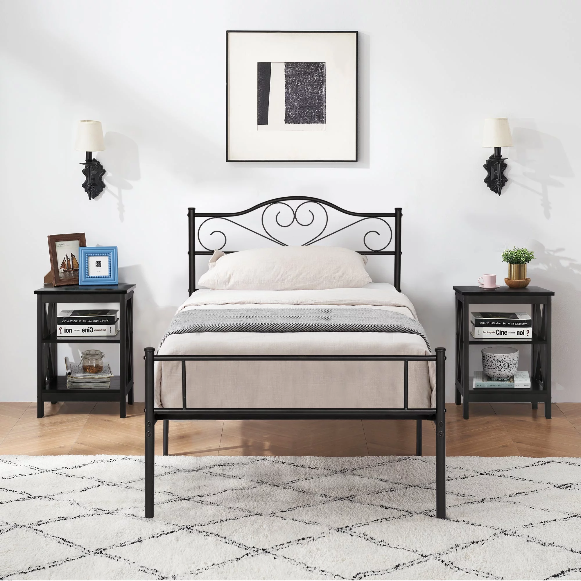 VECELO 3-Piece Bedroom Sets Metal Bed Frame and 2 Nightstand