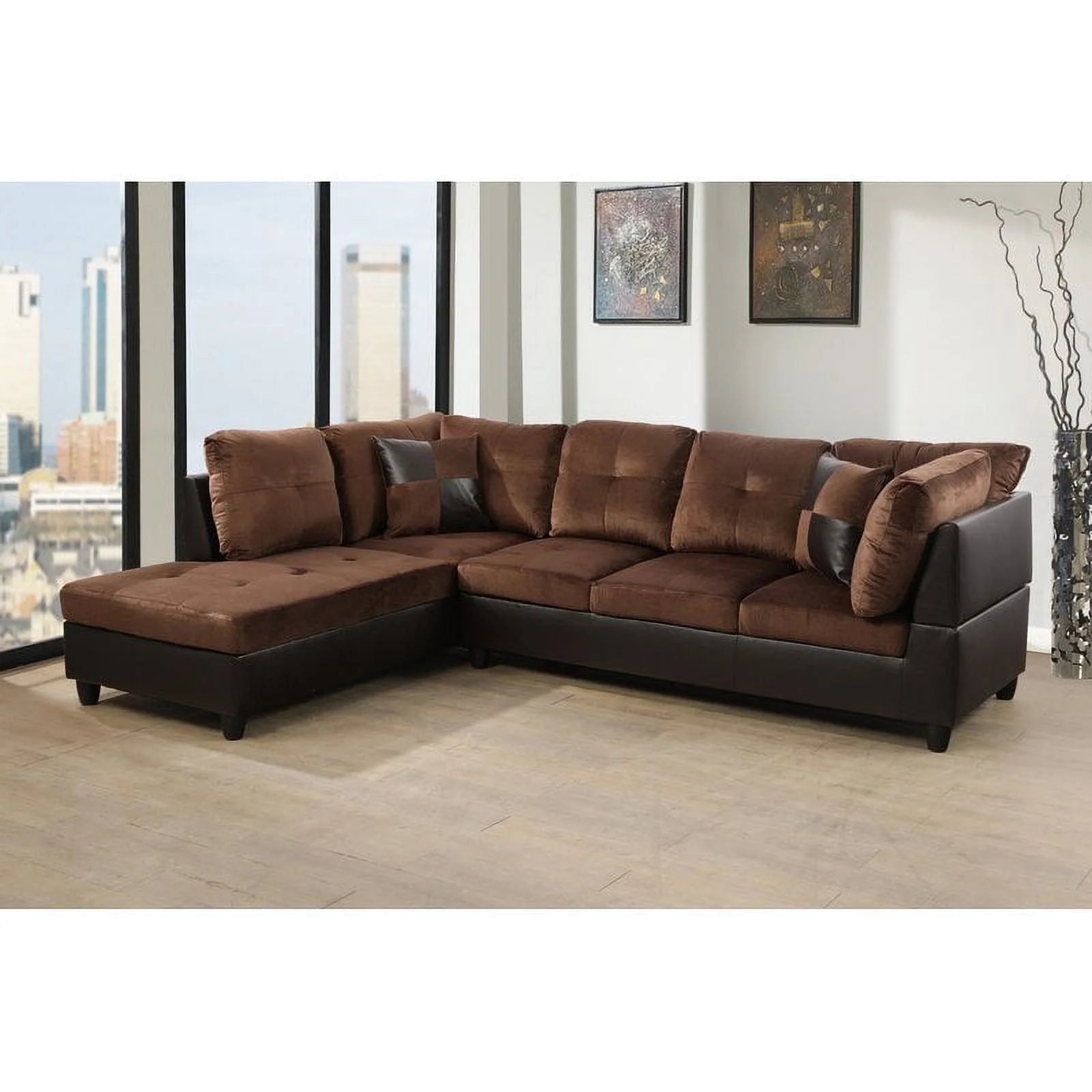 PonLiving 103.5" Wide Corner Microfiber Sectional Sofa with Matching Pillows Left Hand Facing, Chocolate