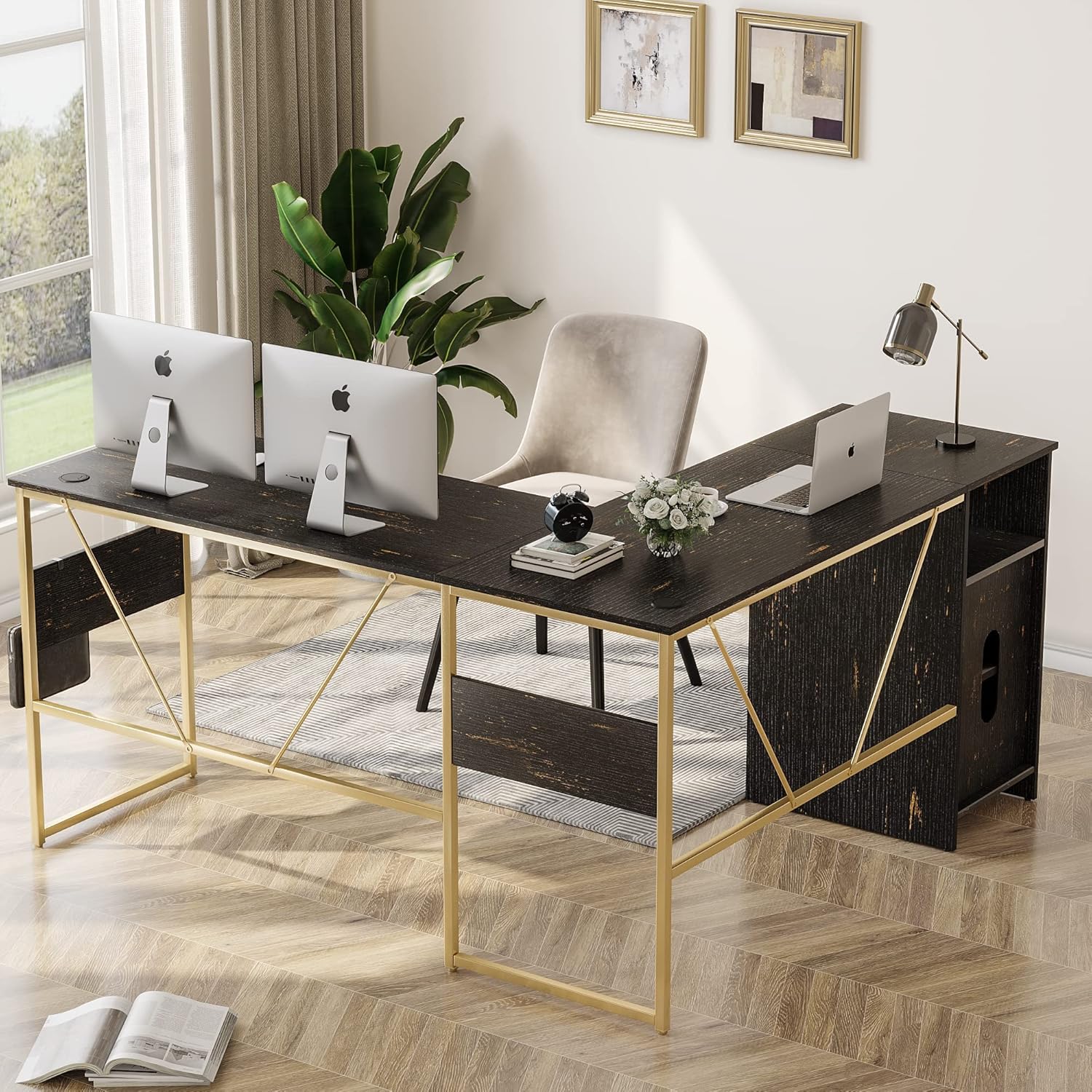 Bestier L Shaped Desk with Storage Cabinet 60 Inch Corner Desk Home Office Computer Desk Reversible or Modern Long Study Workstation Table for 2